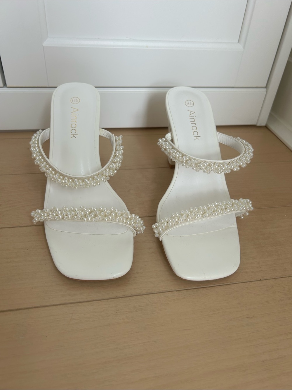 Pearl-Embellished White Open-toe Heels